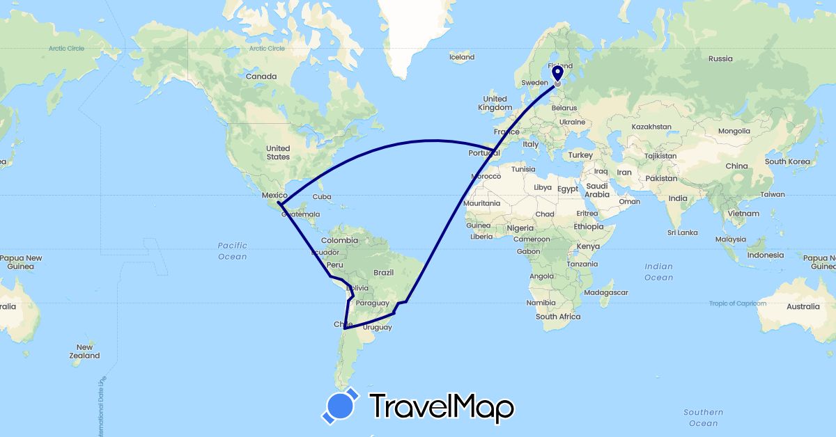 TravelMap itinerary: driving, plane in Bolivia, Brazil, Chile, Estonia, Spain, Mexico, Peru (Europe, North America, South America)