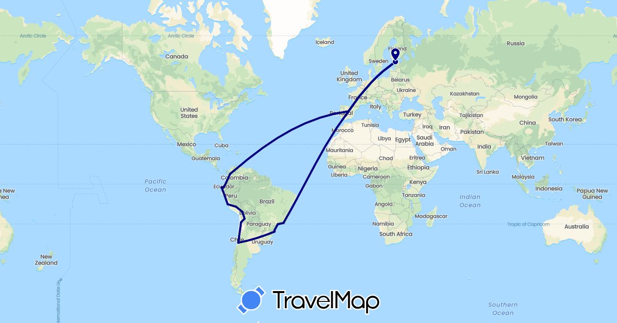 TravelMap itinerary: driving in Bolivia, Brazil, Chile, Colombia, Ecuador, Estonia, Spain, Peru (Europe, South America)